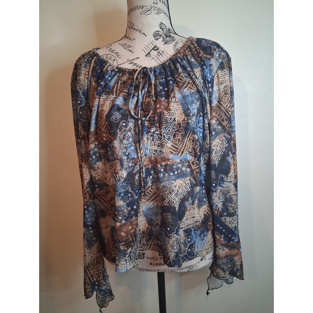Tall Girl Blue Brown Abstract Mesh Peasant Blouse Long Sleeve Boho Top L